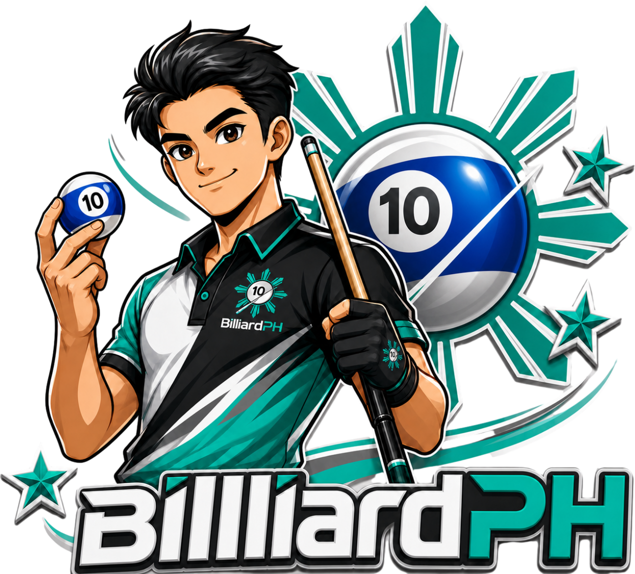 BilliardPH mascot holding a cue and the 8-ball