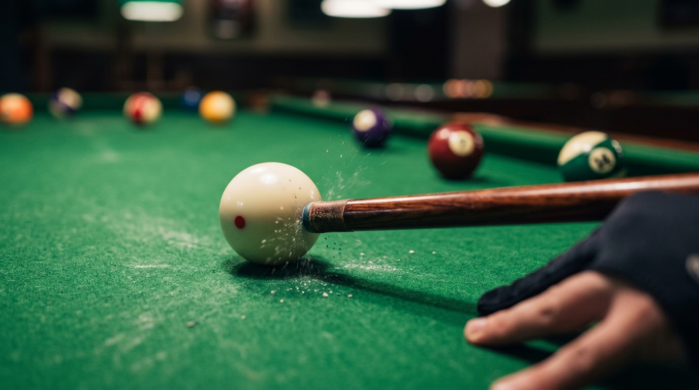 A player aiming a shot with a pool cue