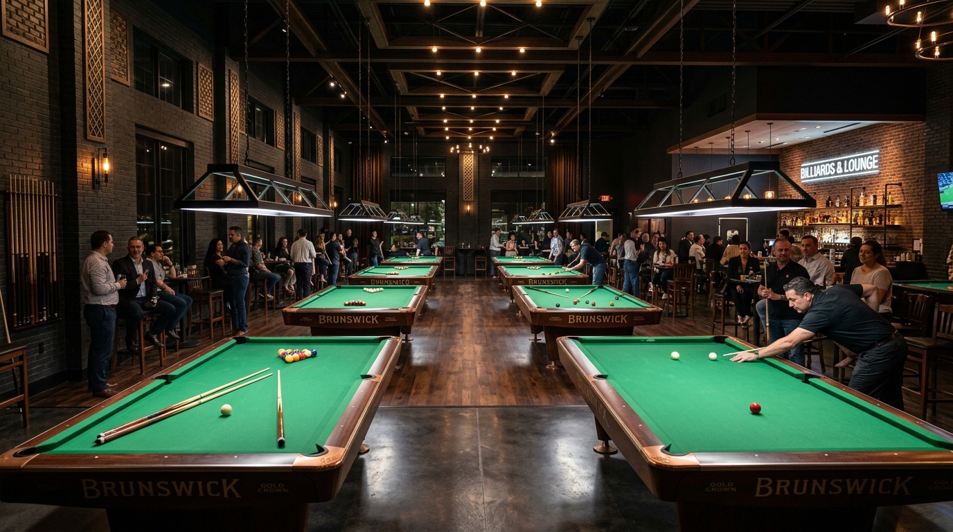 Modern Pool Table with Balls and Cue